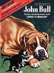 Boxer dog and cat playing on John Bull cover in 1951
