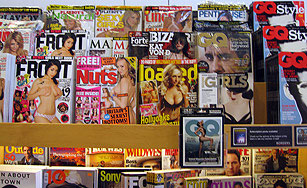 Magazines on display in a bookshop