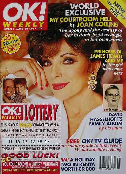 Joan Collins on front cover of first weekly OK 20 March 1996 